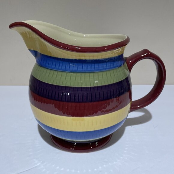 Longaberger Hand Painted Striped Pitcher Bright Multi Color Stripe Large 2 Quart - Picture 3 of 13